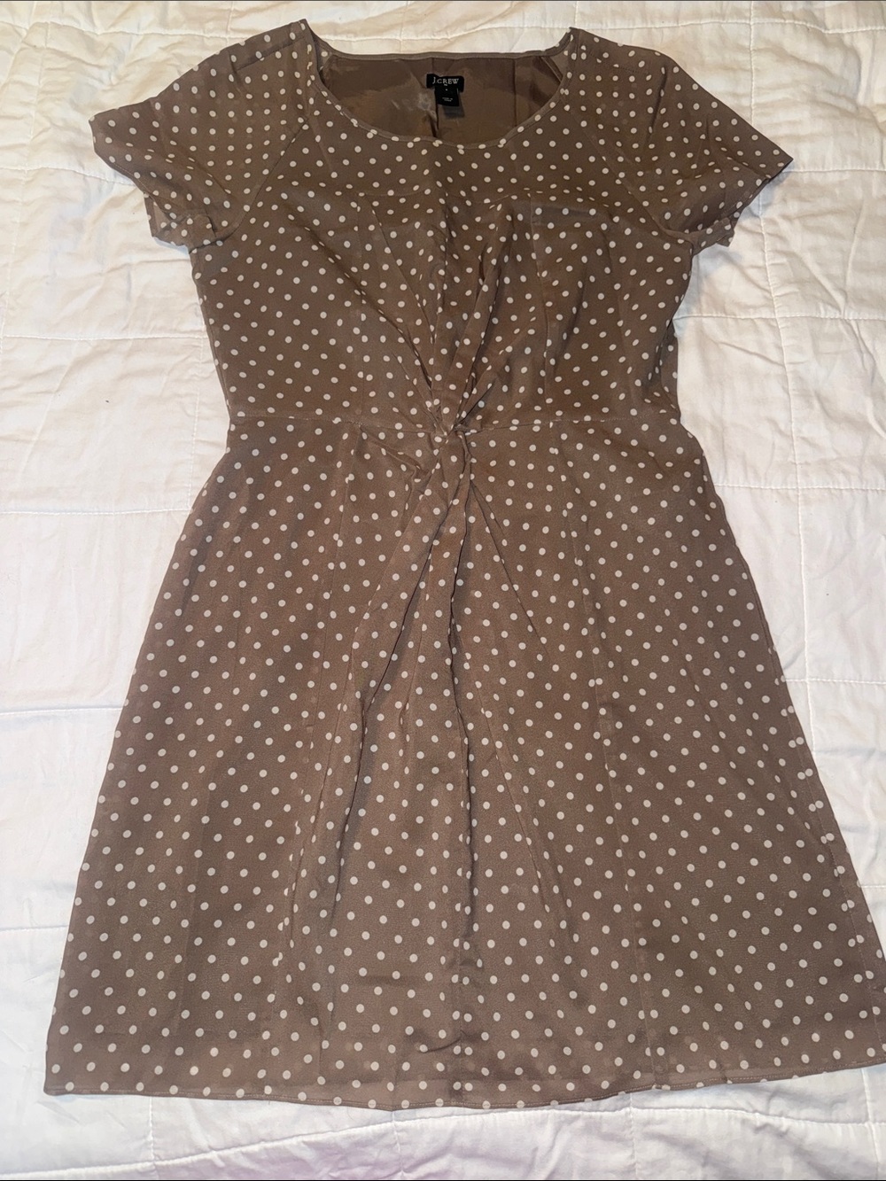 J. Crew Taupe Dress with Cream Polka Dots and Twist Front